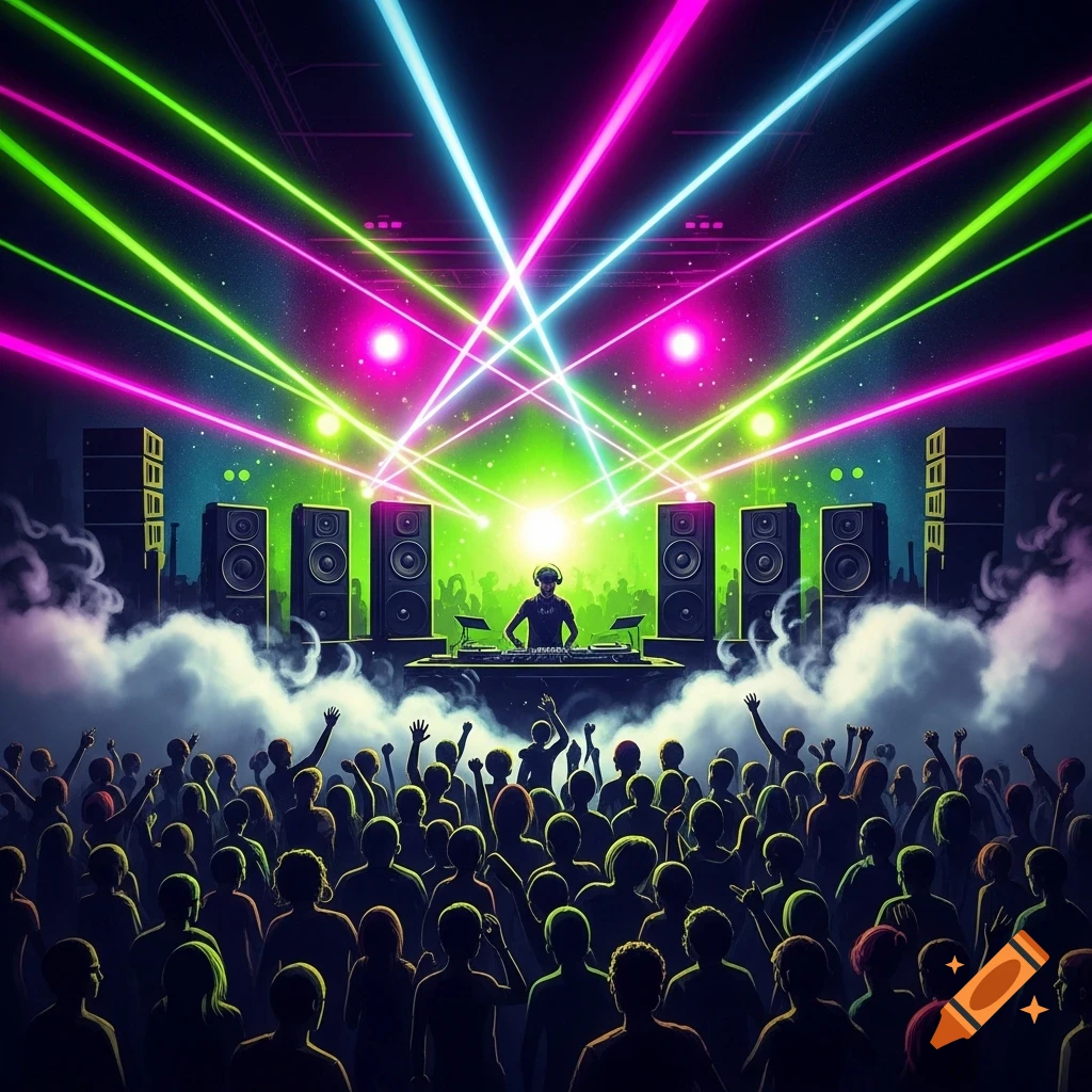 A DJ performs on stage at a vibrant music concert, illuminated by green, pink, and blue laser lights over a silhouetted crowd.
