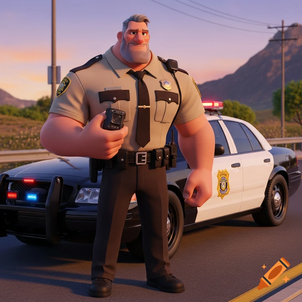 A muscular, gray-bearded 3D Pixar animated police officer in uniform stands by a patrol car at sunset, holding a body camera.