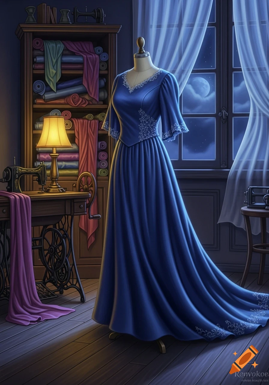 A long blue dress with white embroidery on a mannequin in a dim sewing room, illuminated by a lamp and a moonlit window.