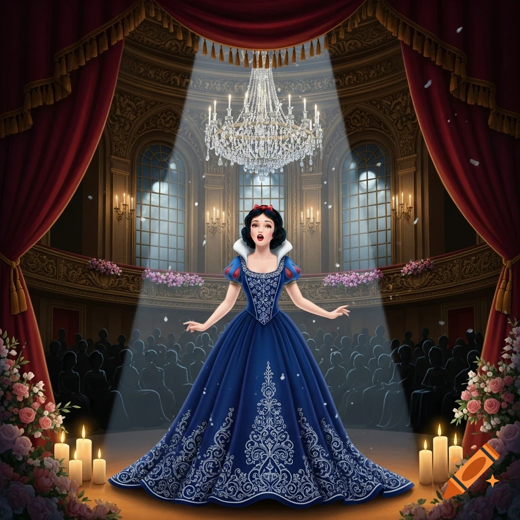 Snow White, in an ornate blue gown, sings on a grand opera stage with red curtains, a crystal chandelier, and a silhouetted audience.
