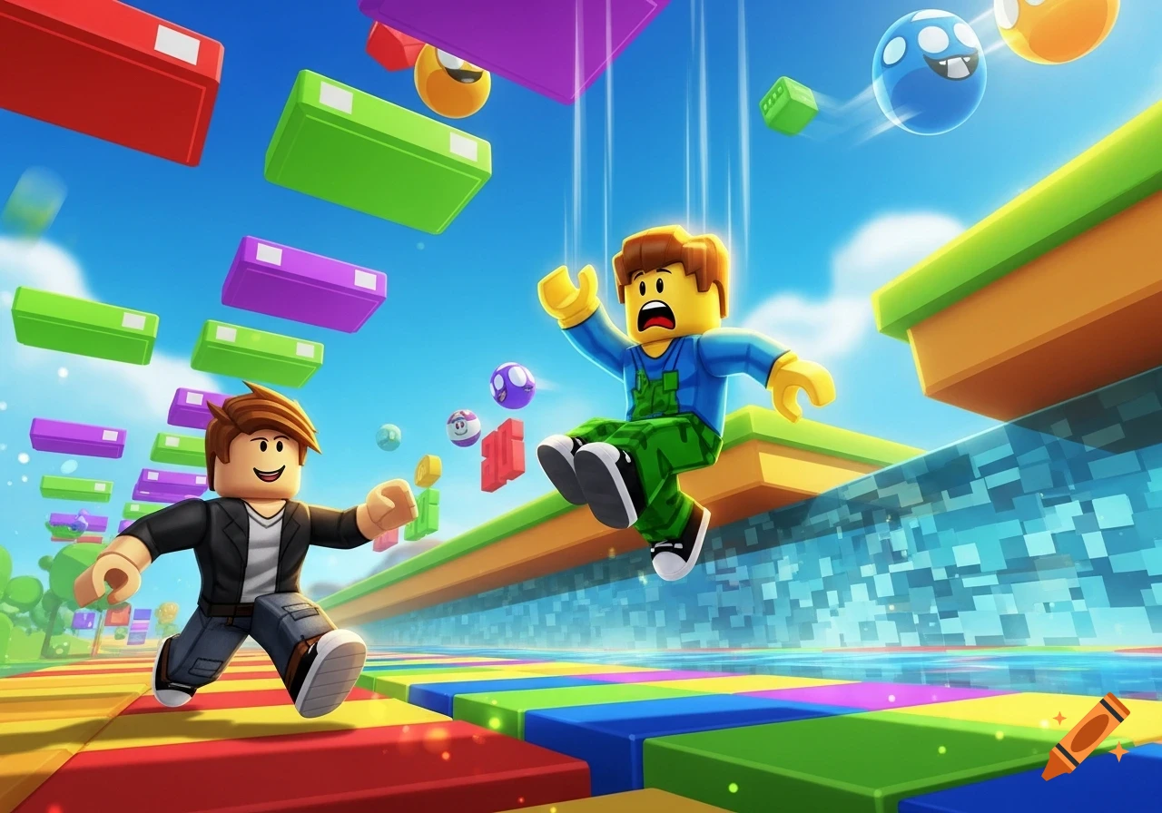 Two Roblox-style characters in a vibrant, blocky game world. One character runs forward while another falls amidst colorful floating blocks.