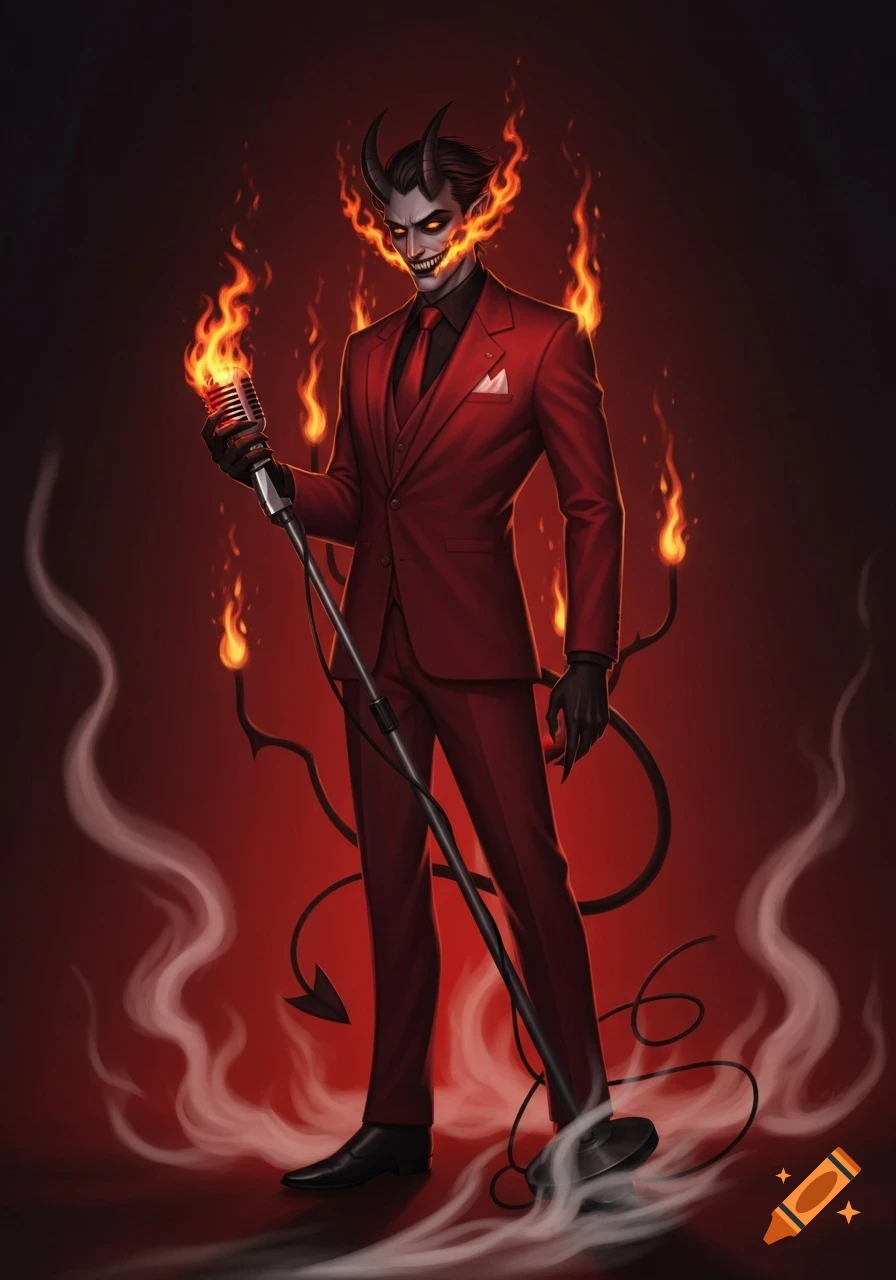 A digital illustration of a stylish devil in a red suit with horns, fiery eyes, and a tail, holding a vintage microphone on a smoky, red background.