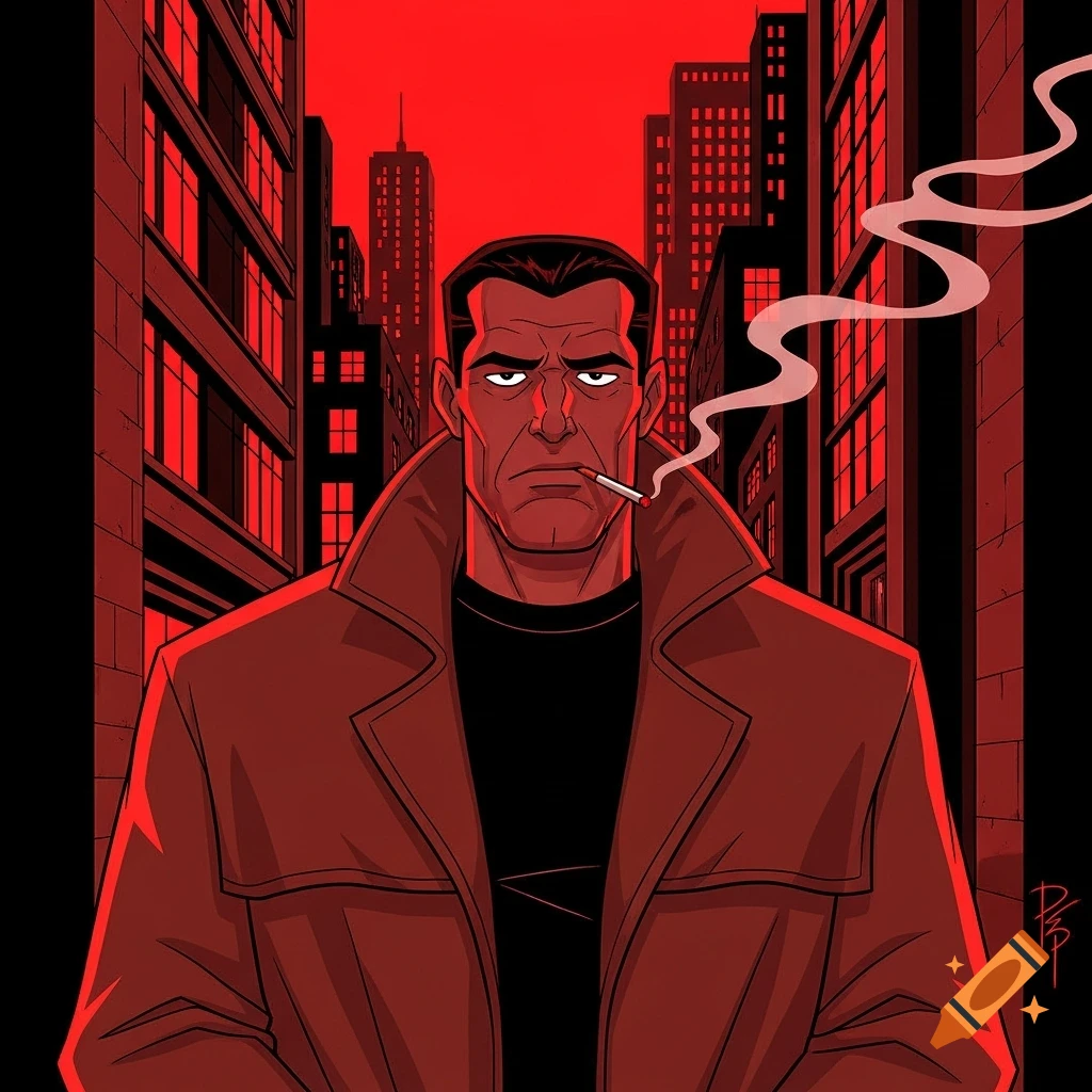 A cel-shaded comic art illustration of a stern man, resembling Harvey Bullock, smoking a cigarette on a red and black city street.