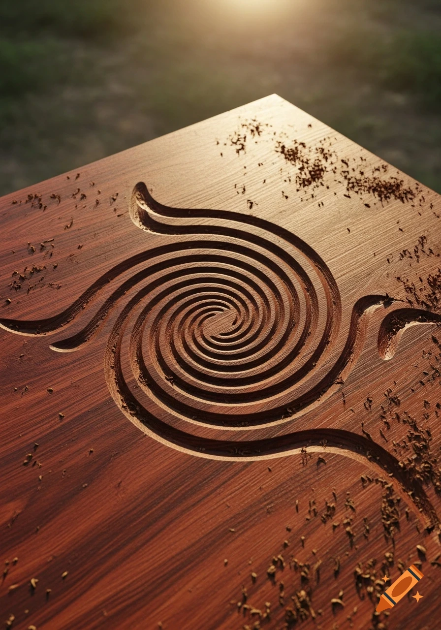 Close-up of a dark wood panel with a deep spiral engraving and wood shavings, lit by sunlight.