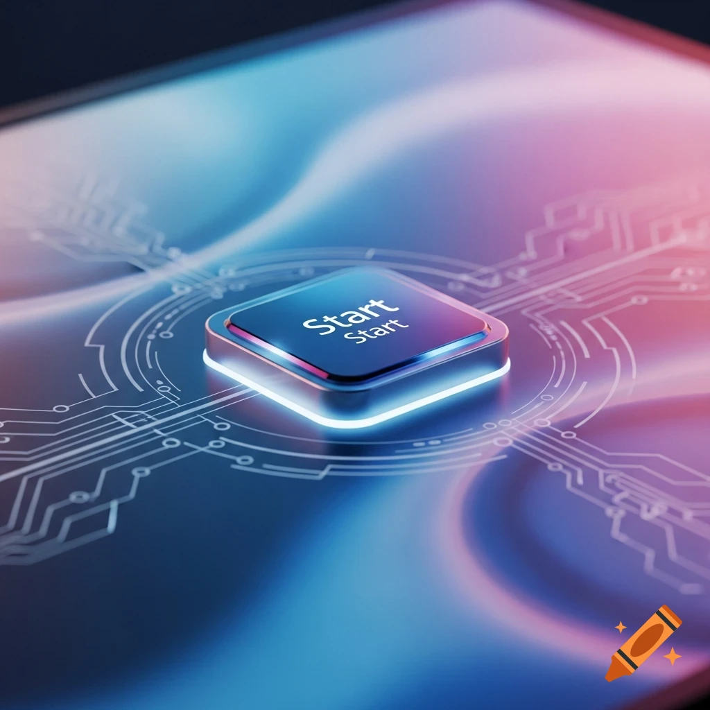 Glowing 'Start' button on a futuristic digital surface with intricate circuit patterns, rendered in a high-tech style.