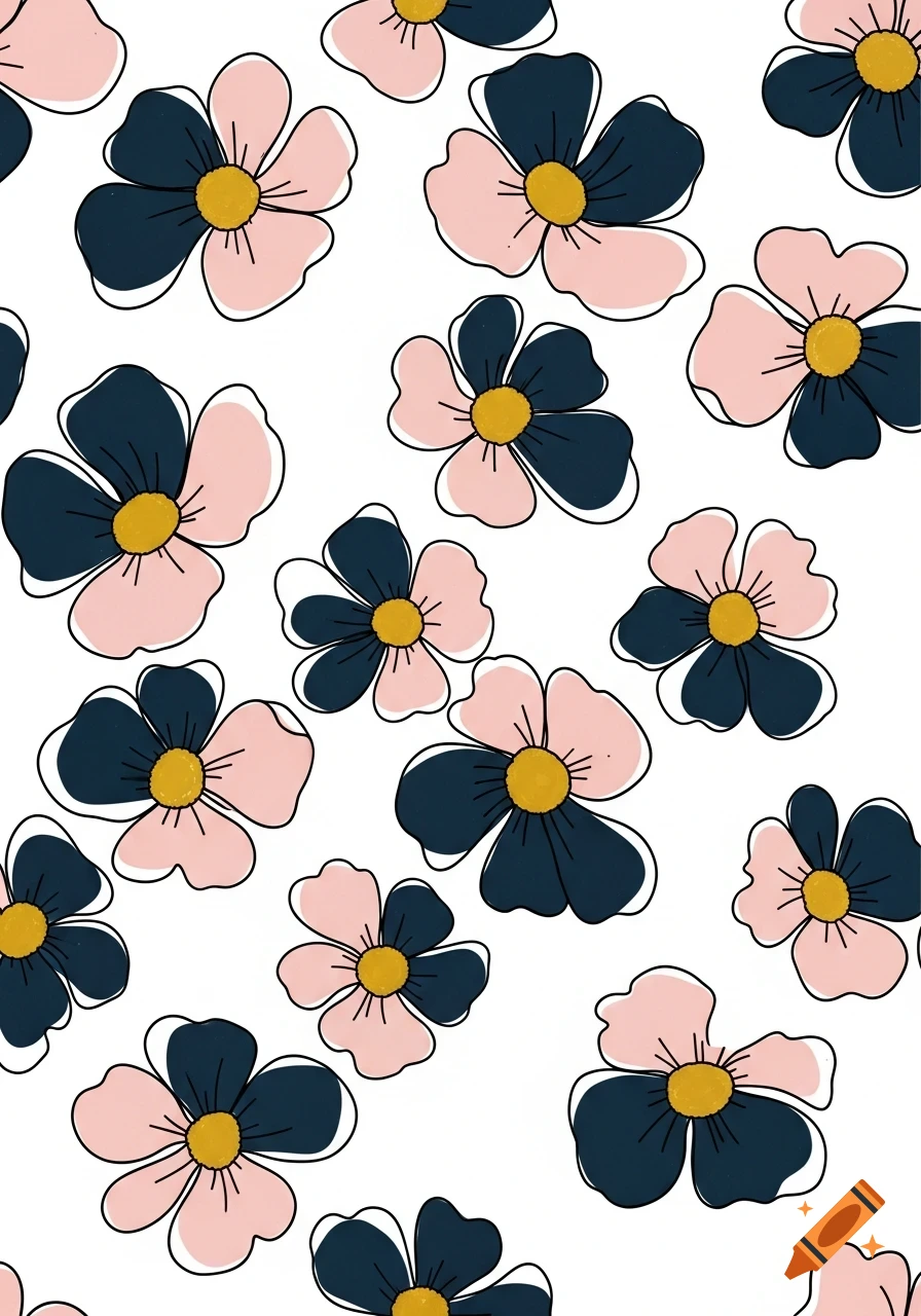 Seamless hand-drawn floral pattern with navy blue and blush pink flowers, mustard yellow centers, and black outlines on a white background.