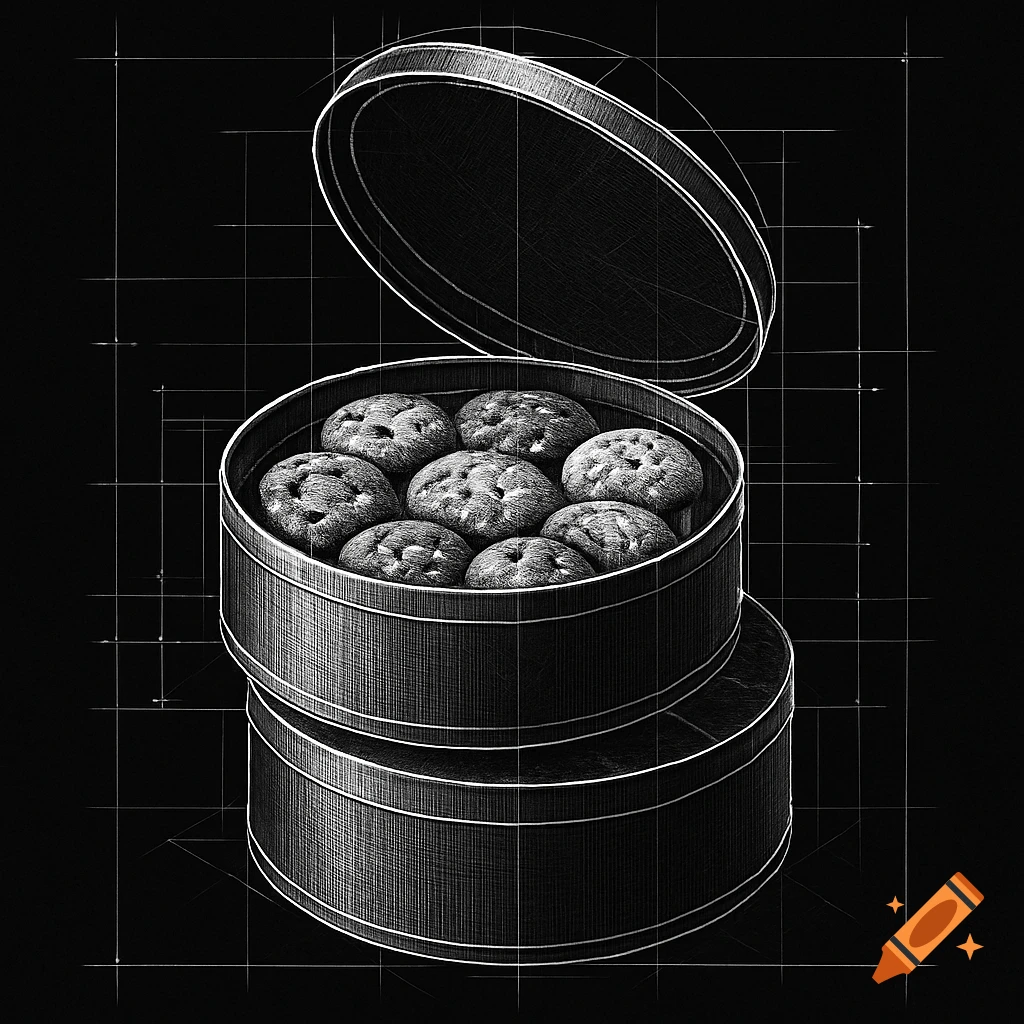 A black and white architectural blueprint illustration of an open round cookie tin filled with cookies, stacked on another closed tin.