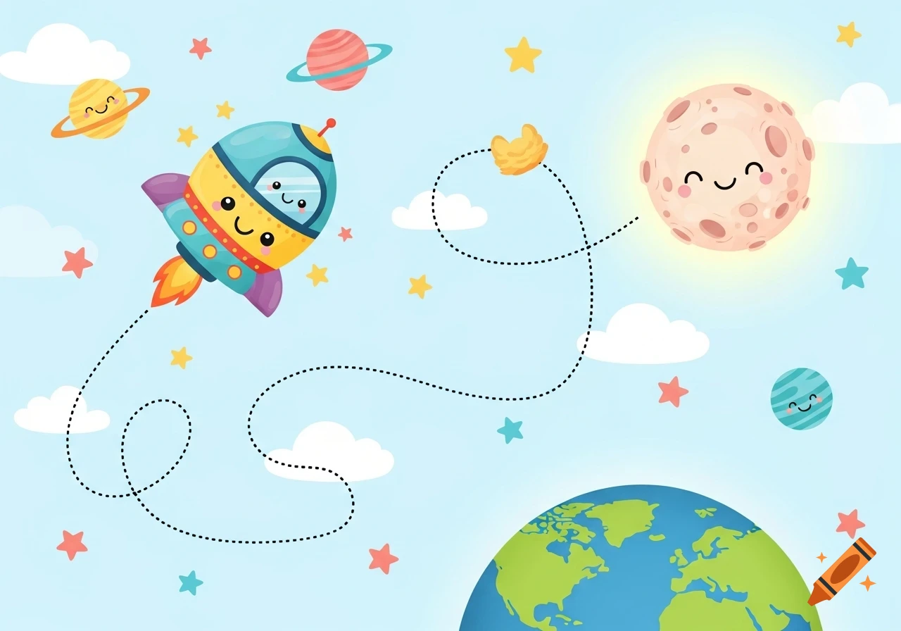 A cartoon rocket with a happy face flying through space on a dotted path, with Earth, a smiling moon, and other planets and stars.