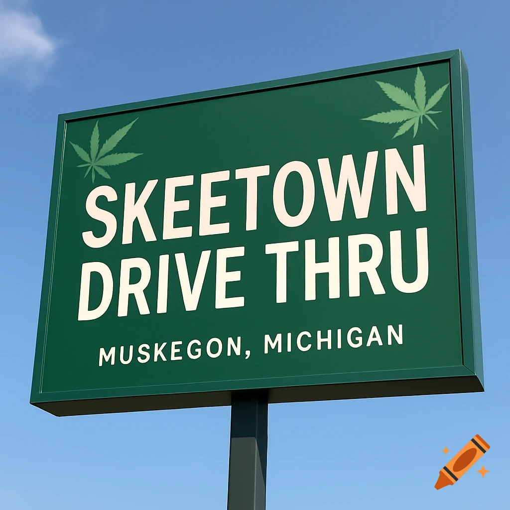 Green outdoor sign for Skeetown Drive Thru in Muskegon, Michigan, with cannabis leaves, against a blue sky.