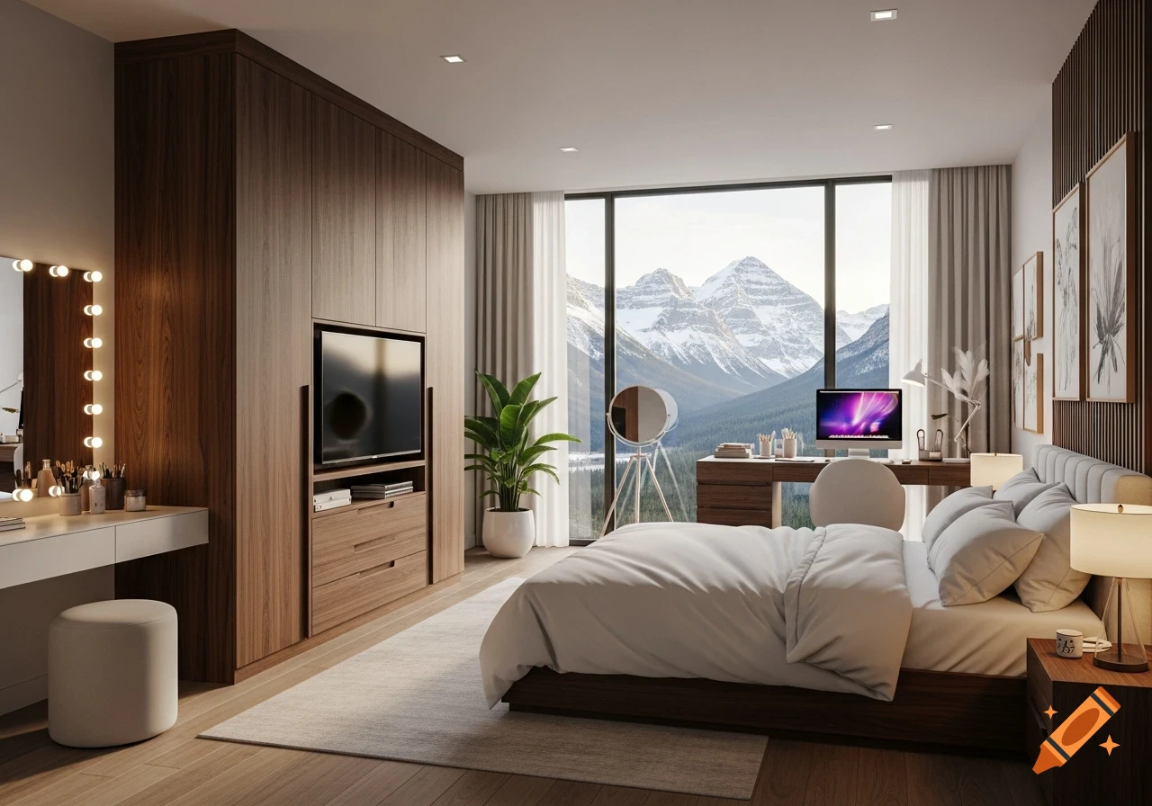 A modern bedroom with a large bed, wooden wardrobe, vanity, and desk, featuring a huge window with a scenic view of snow-capped mountains.
