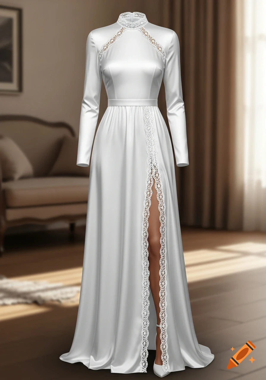 A long white satin dress with long sleeves, a high neckline, a high leg slit, and white lace trim on a mannequin.