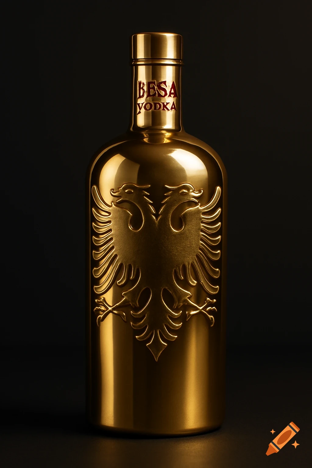 A luxurious gold metallic vodka bottle with an embossed double-headed eagle design and 'BESA VODKA' in red text.