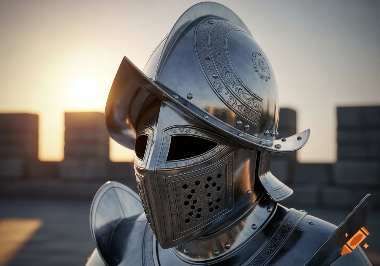 Close-up, photorealistic image of a highly detailed steel conquistador helmet with decorative engravings, set against a blurred sunset sky.