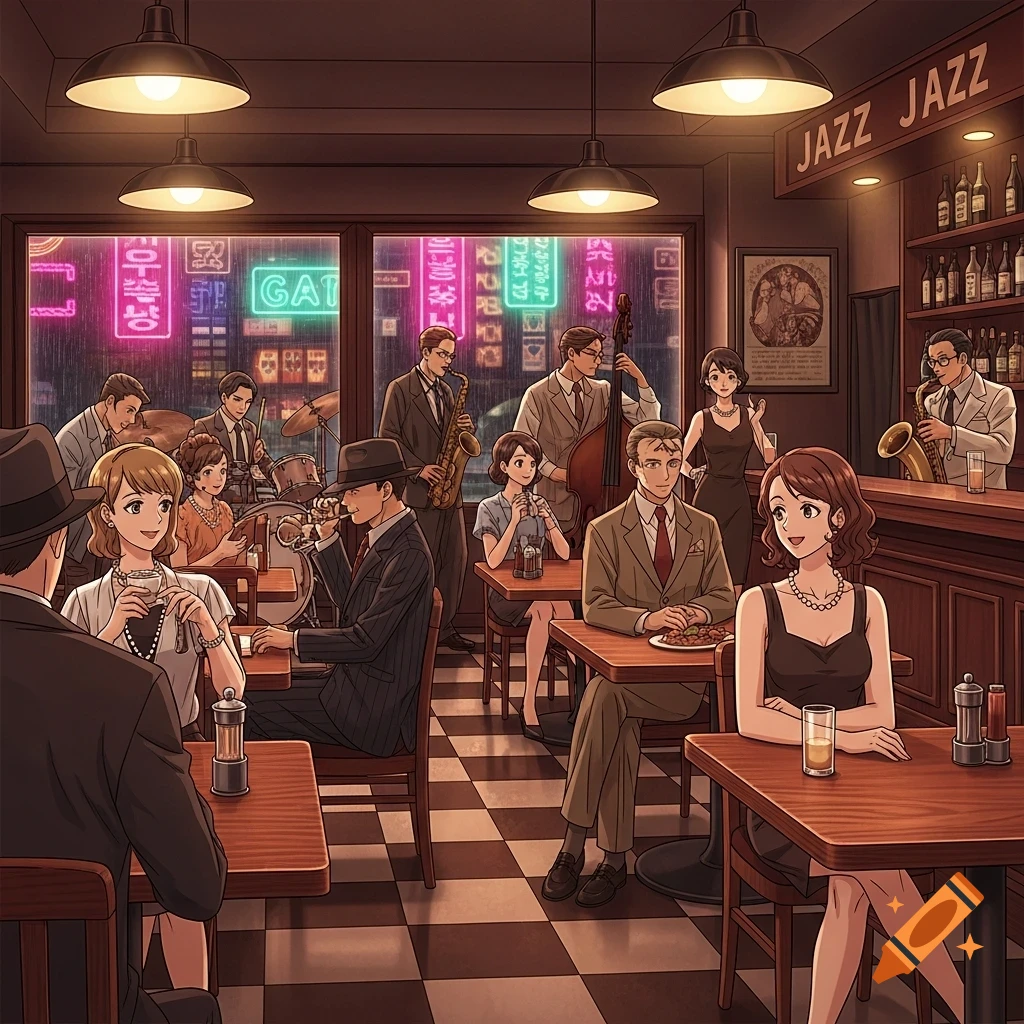An anime-style illustration of a bustling jazz club with musicians playing and patrons seated at tables, under warm lighting and neon signs.