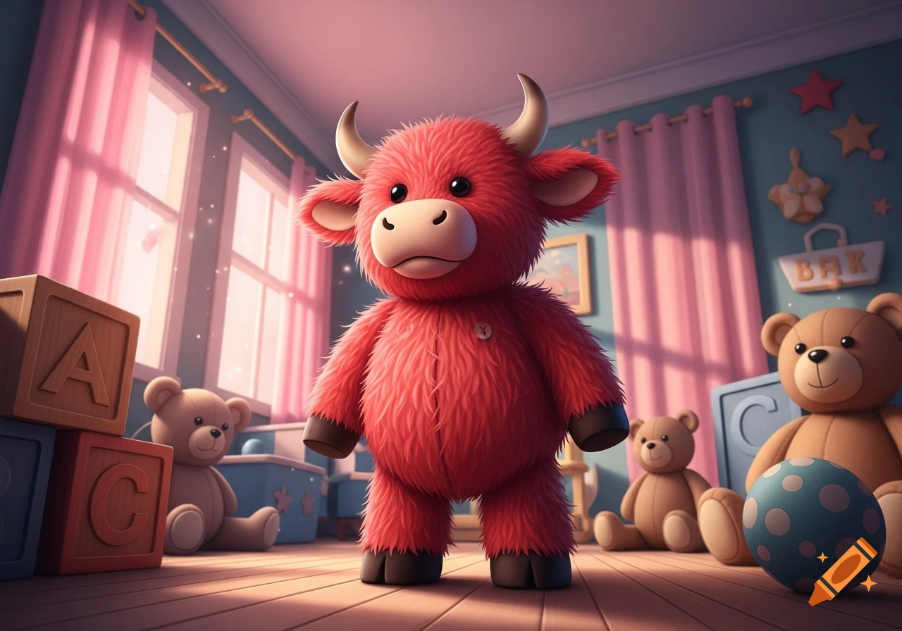 A cute red fluffy ox toy stands in a dreamlike child's room with wooden blocks and teddy bears.