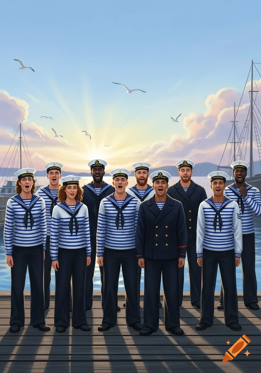 A group of nine sailors in blue and white striped shirts and dark pants sing on a wooden dock at sunrise, with seagulls and sailboats in the background.