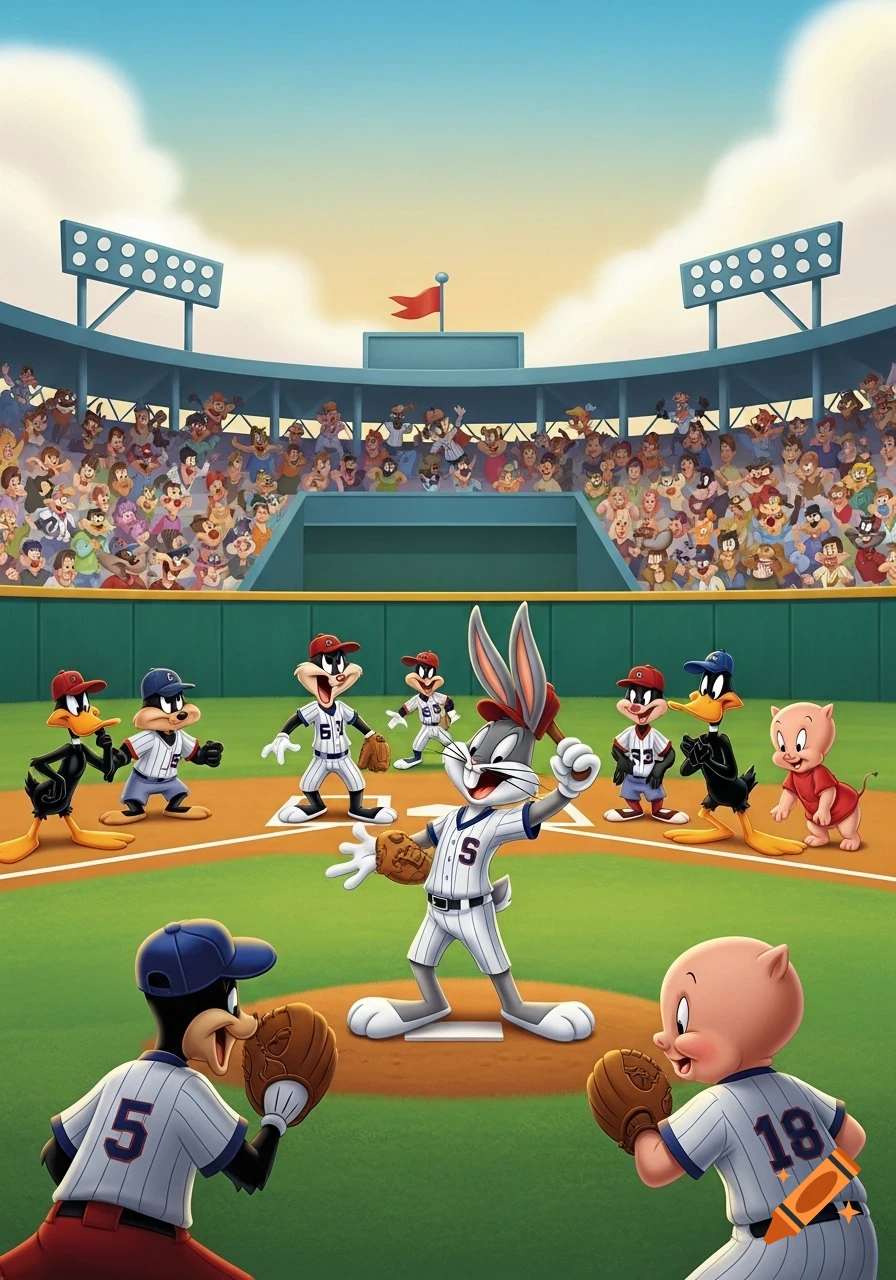 Looney Tunes characters including Bugs Bunny, Daffy Duck, and Porky Pig play baseball in a stadium full of cartoon spectators.