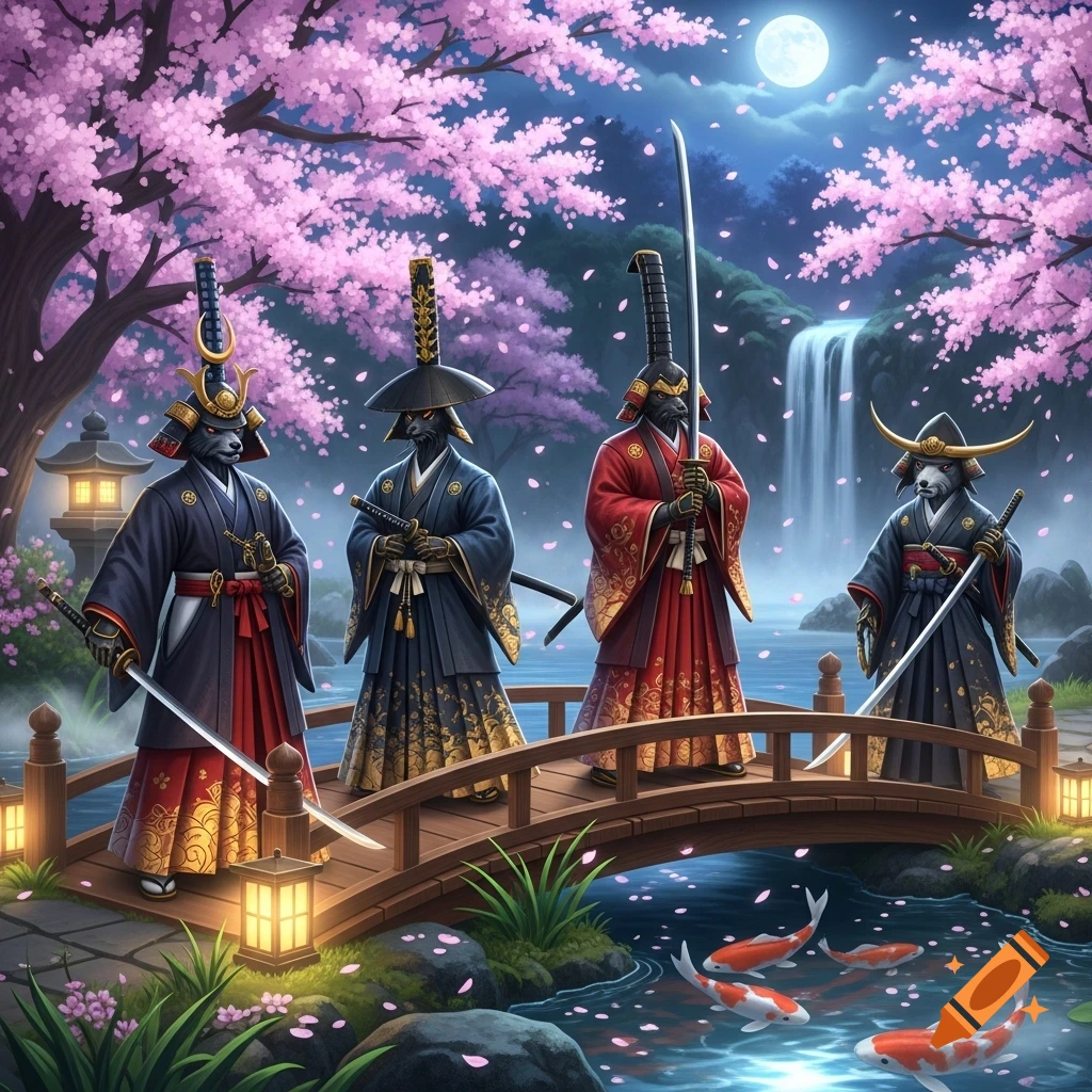 Four anthropomorphic samurai stand on a wooden bridge under blooming cherry trees, with a waterfall, full moon, and koi fish below.