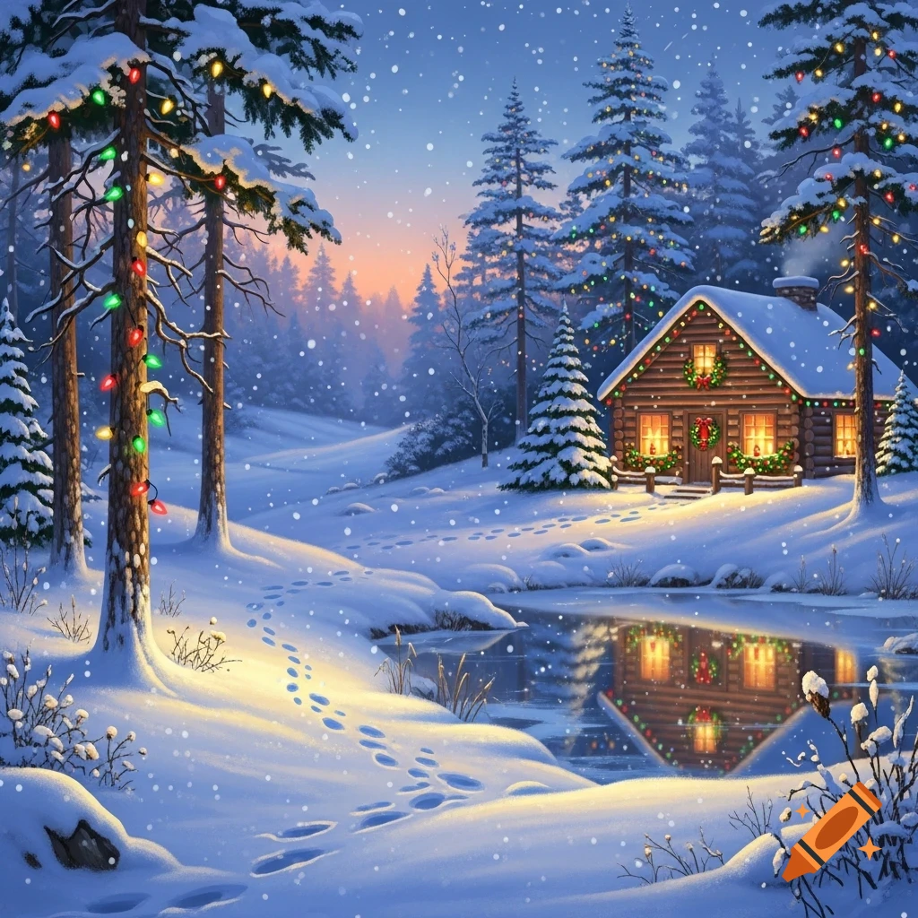 A snow-covered log cabin with Christmas lights in a winter forest, reflected in a pond under a twilight sky with falling snow.