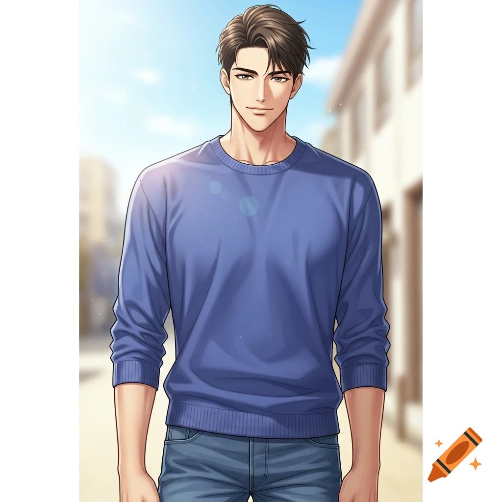 Anime-style illustration of a handsome man with brown hair, blue sweater, and jeans, smiling slightly in an outdoor setting.