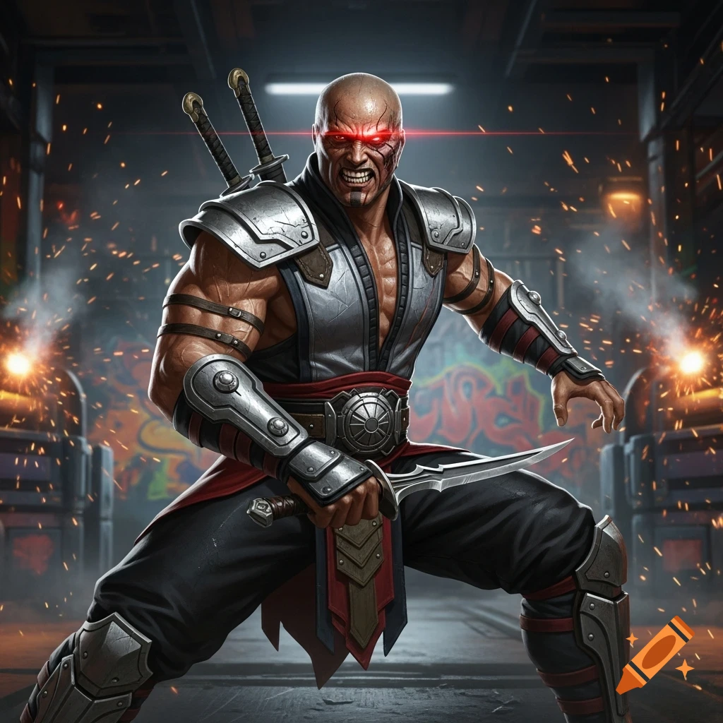 Digital art of Kano from Mortal Kombat, a bald muscular man with glowing red eyes, in armor, holding a dagger, in a gritty industrial setting.