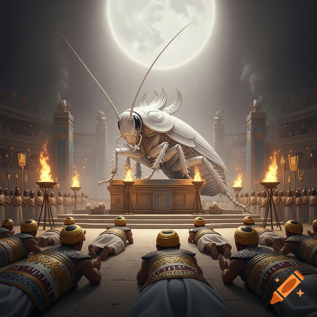 A giant white cockroach is worshipped by cloaked figures in an ancient amphitheater under a full moon, illuminated by torches.