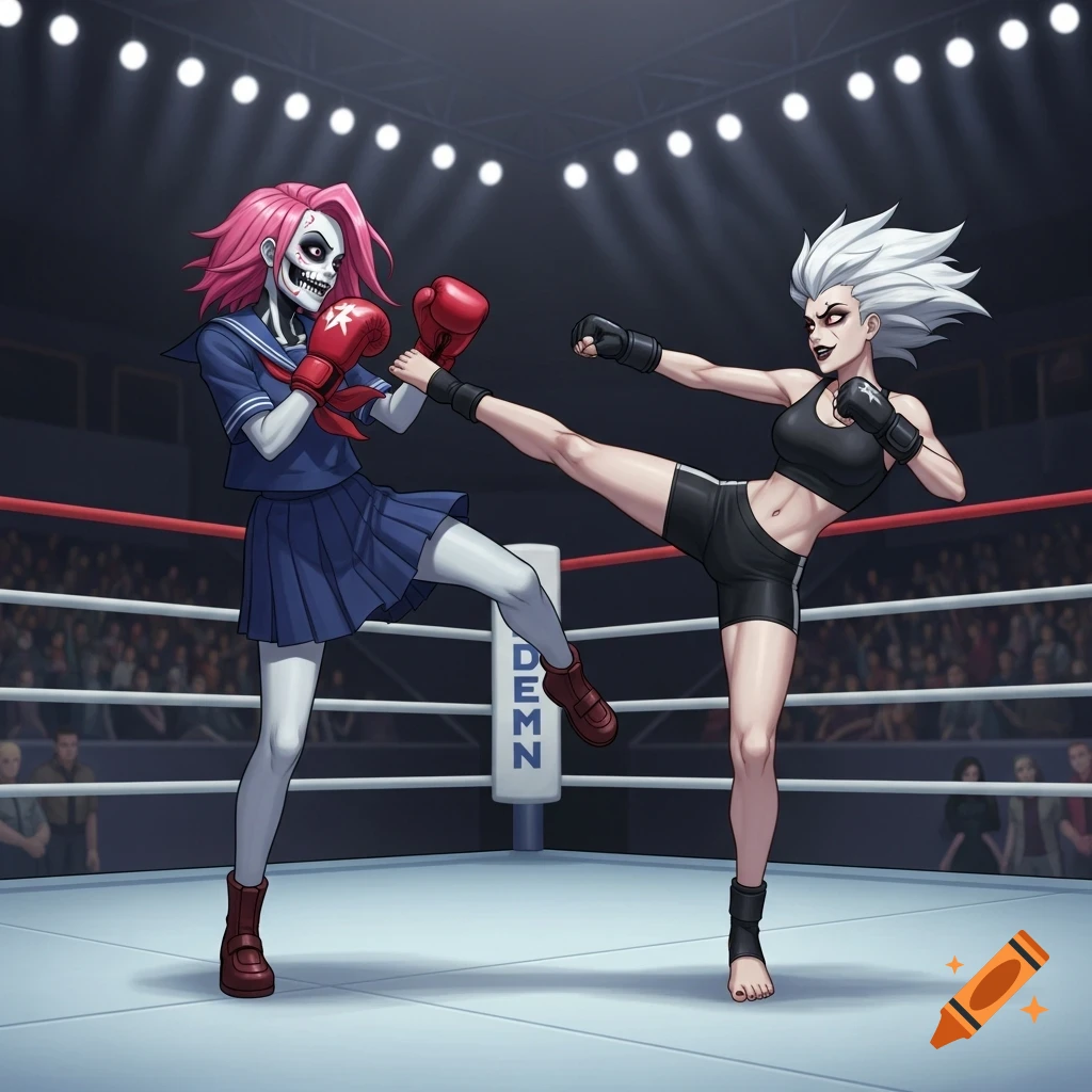 Anime-style illustration of two women kickboxing in a ring. A pink-haired woman with a skeletal face in a school uniform is kicked by a white-haired woman.
