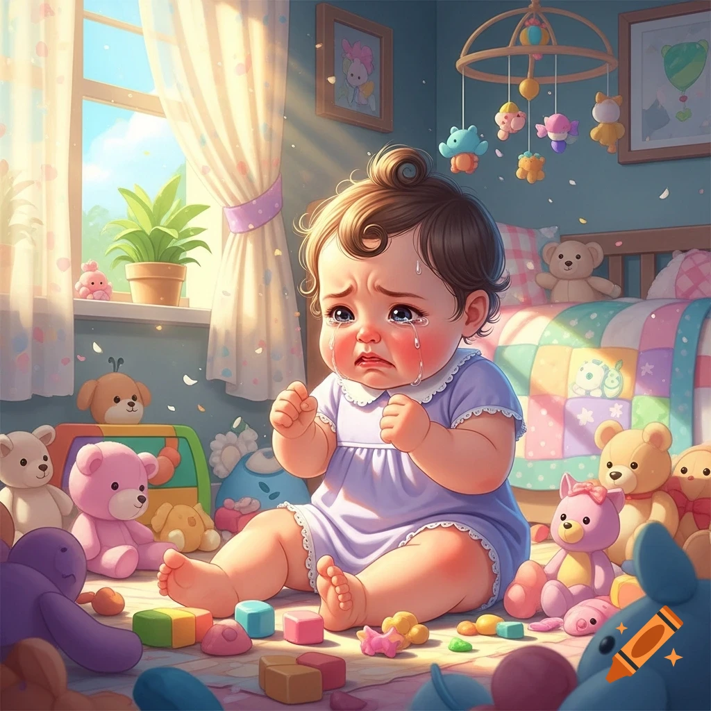 Stylized illustration of a crying baby sitting amidst colorful toys on the floor of a bright nursery.