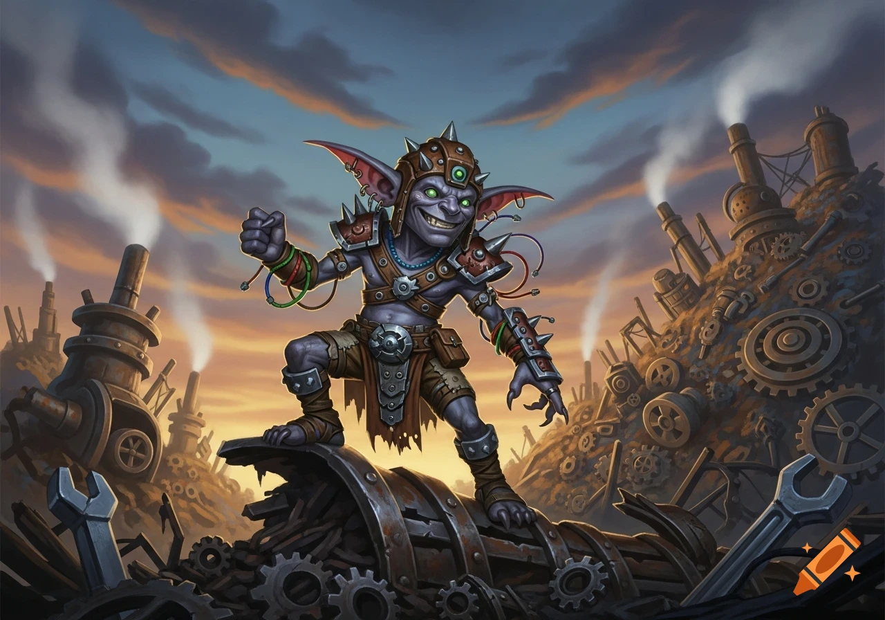 A mischievous goblin in spiked armor and wires stands on industrial scrap, with smoking factories in the background under an orange sky.