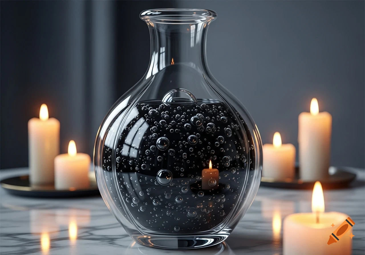 A clear glass potion bottle filled with black bubbling liquid, surrounded by glowing white candles on a reflective marble surface.