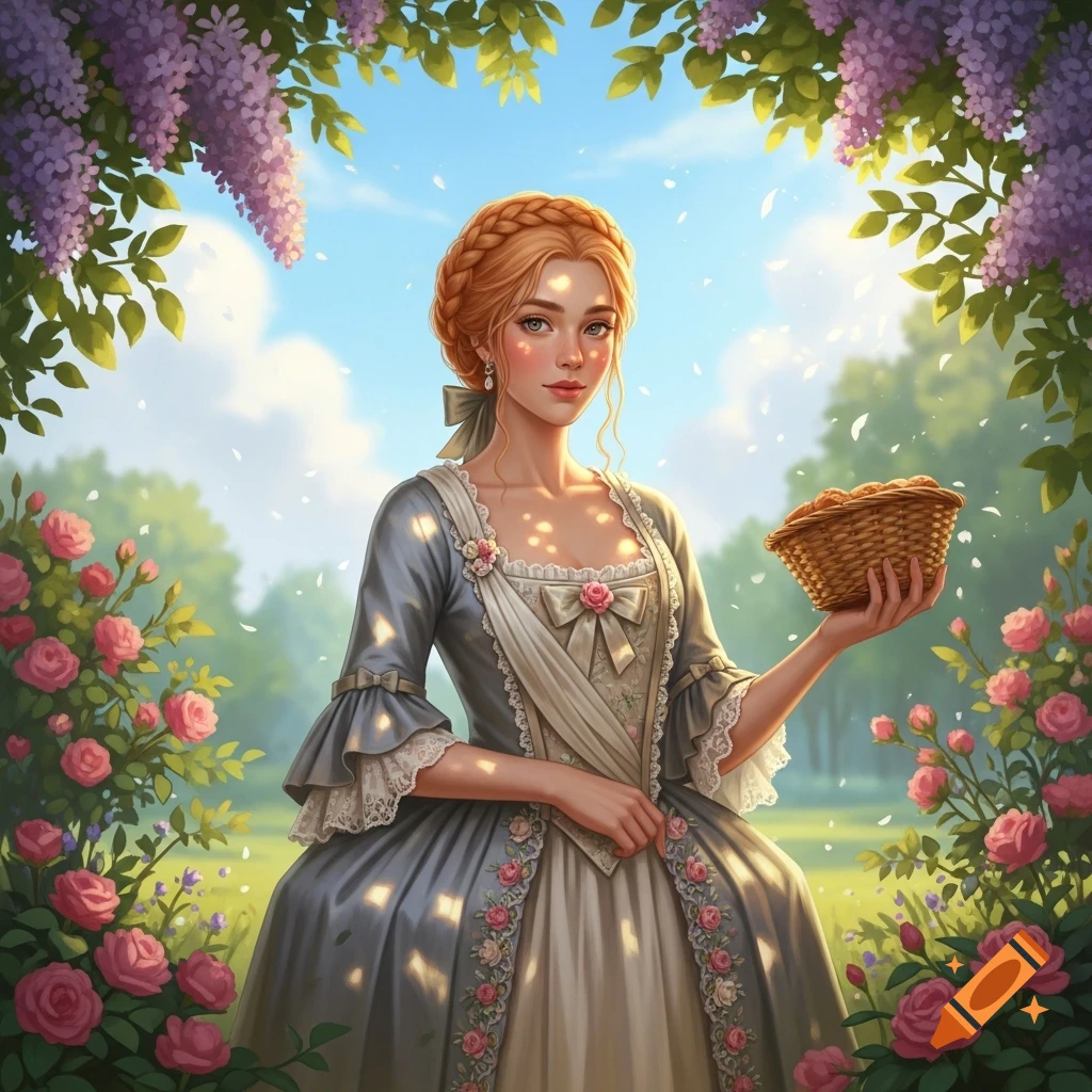 Young woman with braided red hair in a grey 1780s dress holding a basket, framed by wisteria and roses in a sunny garden.