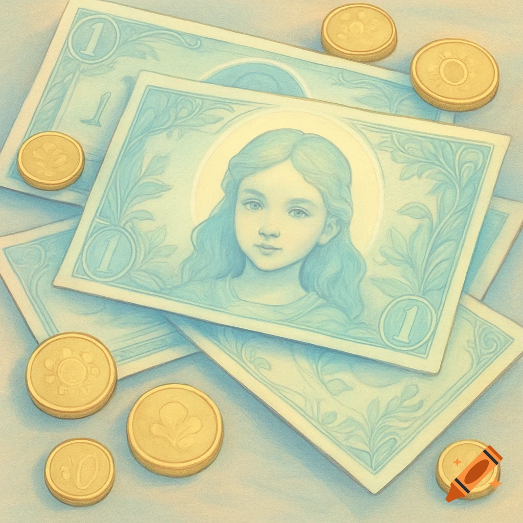 Light blue banknotes with a girl's portrait and number 1, surrounded by golden coins, on a light background in an illustrative style.