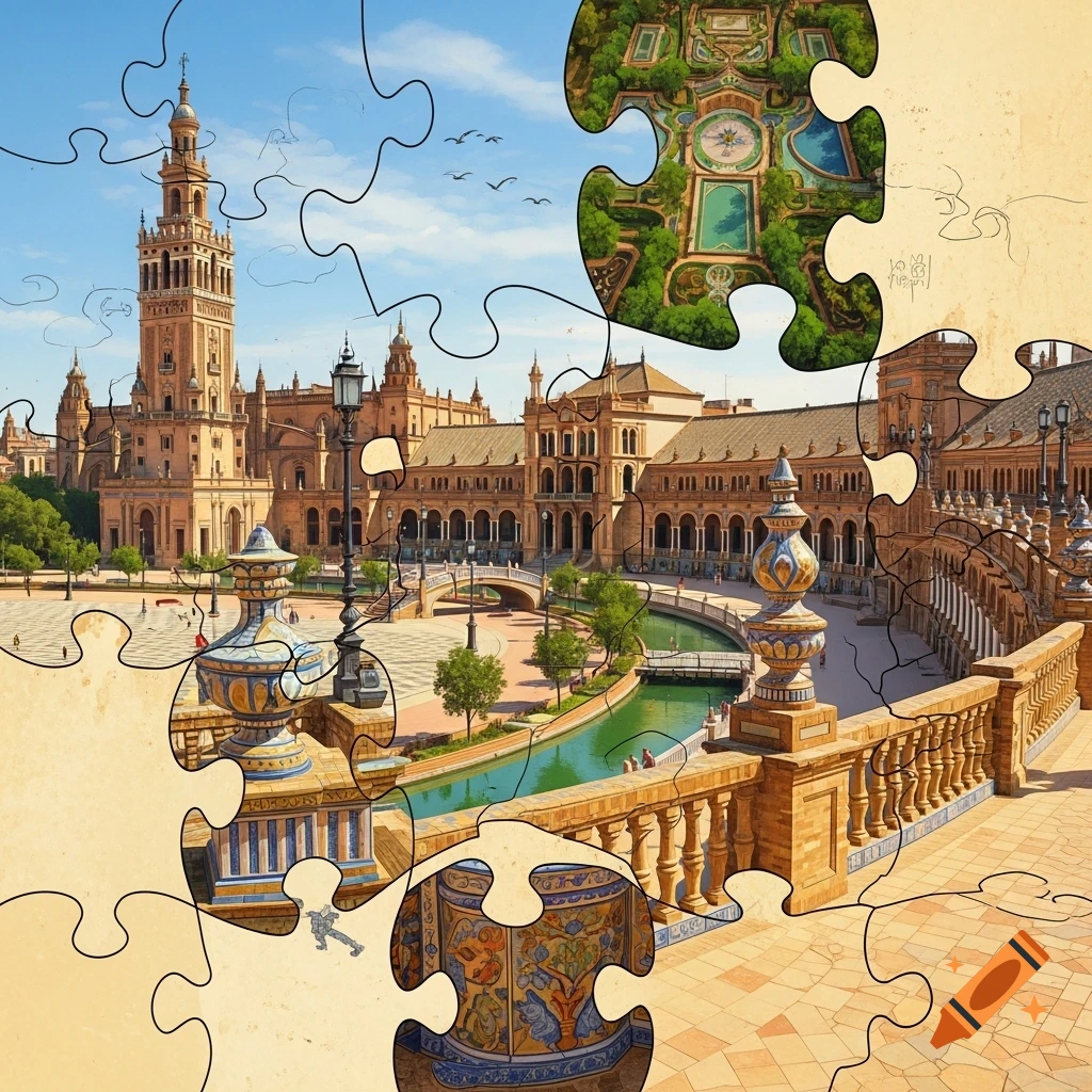 A puzzle image of the Plaza de España in Seville, Spain, with ornate buildings, a canal, and a formal garden in a puzzle piece.