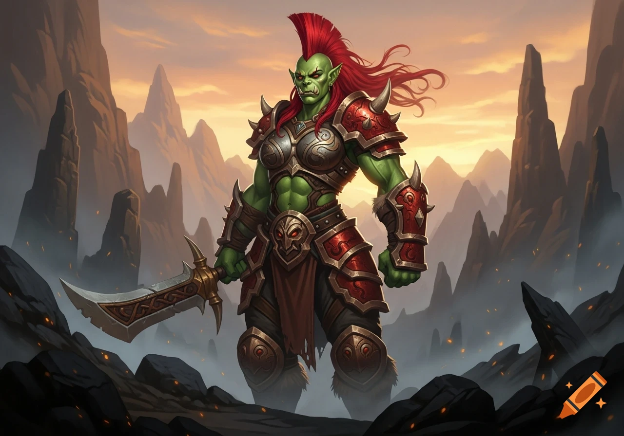 A muscular, green-skinned female orc with a red mohawk and ornate armor stands with a sword in a mountainous fantasy landscape at sunset.