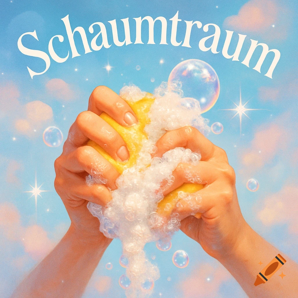 Two hands squeeze a yellow sponge full of white foam and bubbles against a pastel blue sky with clouds and stars, with 'Schaumtraum' text.