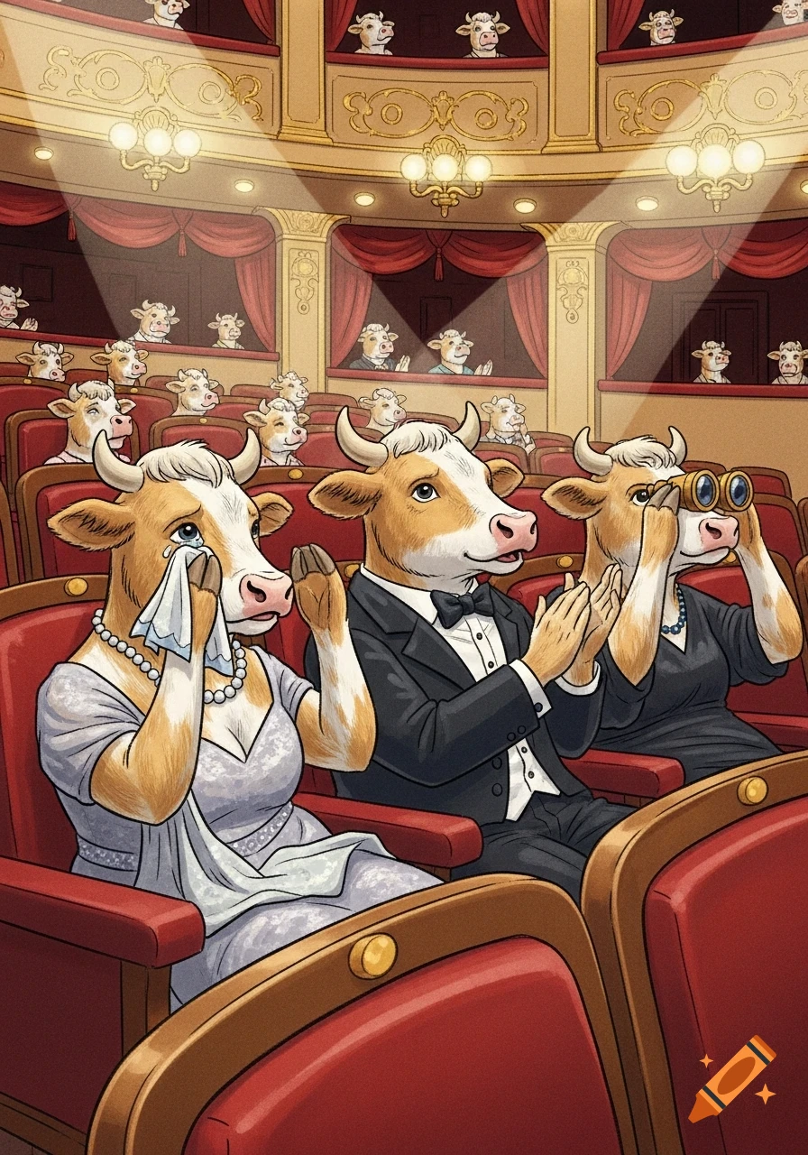 Whimsical illustration of three anthropomorphic cows in evening wear in a luxurious theater. One cow cries, one claps, and one looks through opera glasses.