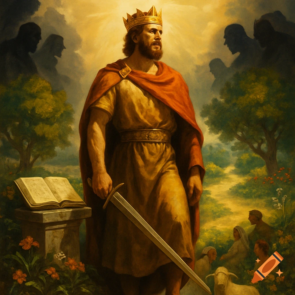 A determined king in a crown and red cloak holds a sword on a sunlit hill, with an open book, shadowy figures, and serene landscape.