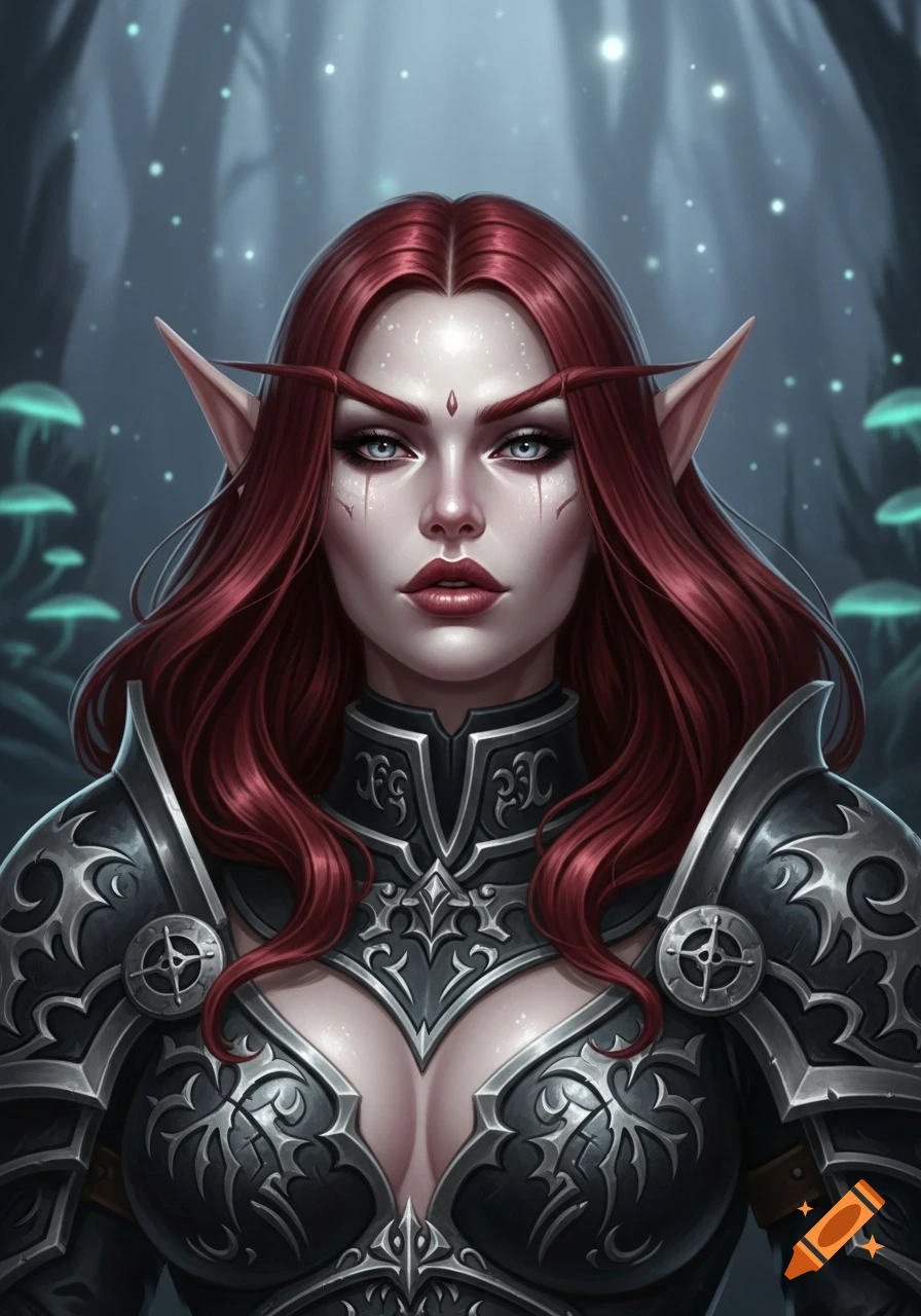 A portrait of a female Dark Elf with pale skin, blood red hair, and blue eyes, wearing ornate dark armor in a mystical forest.
