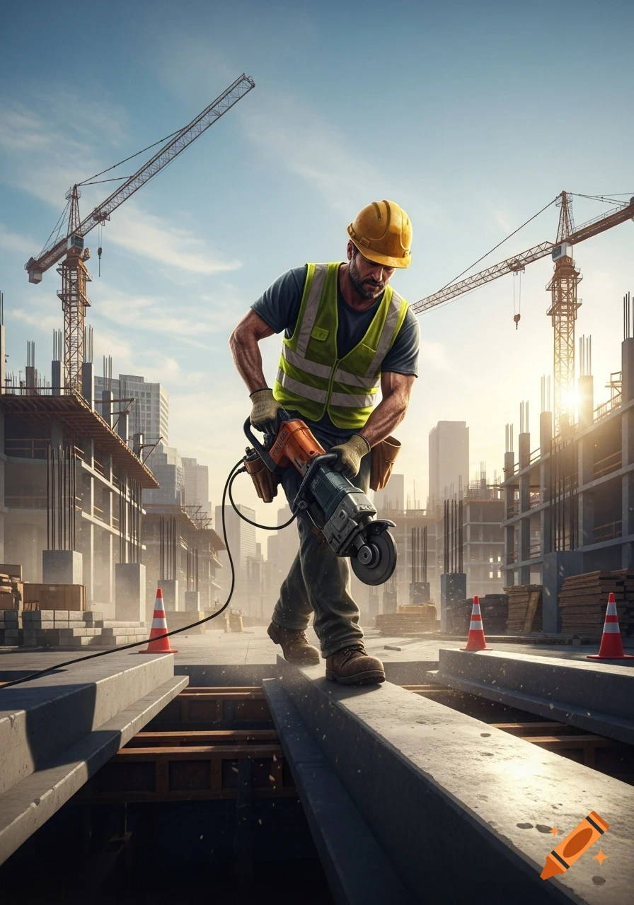 A construction worker in a hard hat and safety vest walks on a concrete beam, holding a power saw on a busy construction site with cranes.