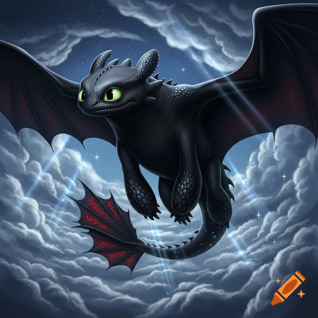 A black dragon with green eyes, Toothless, flies through a starry night sky filled with clouds, rendered in a detailed animated style.