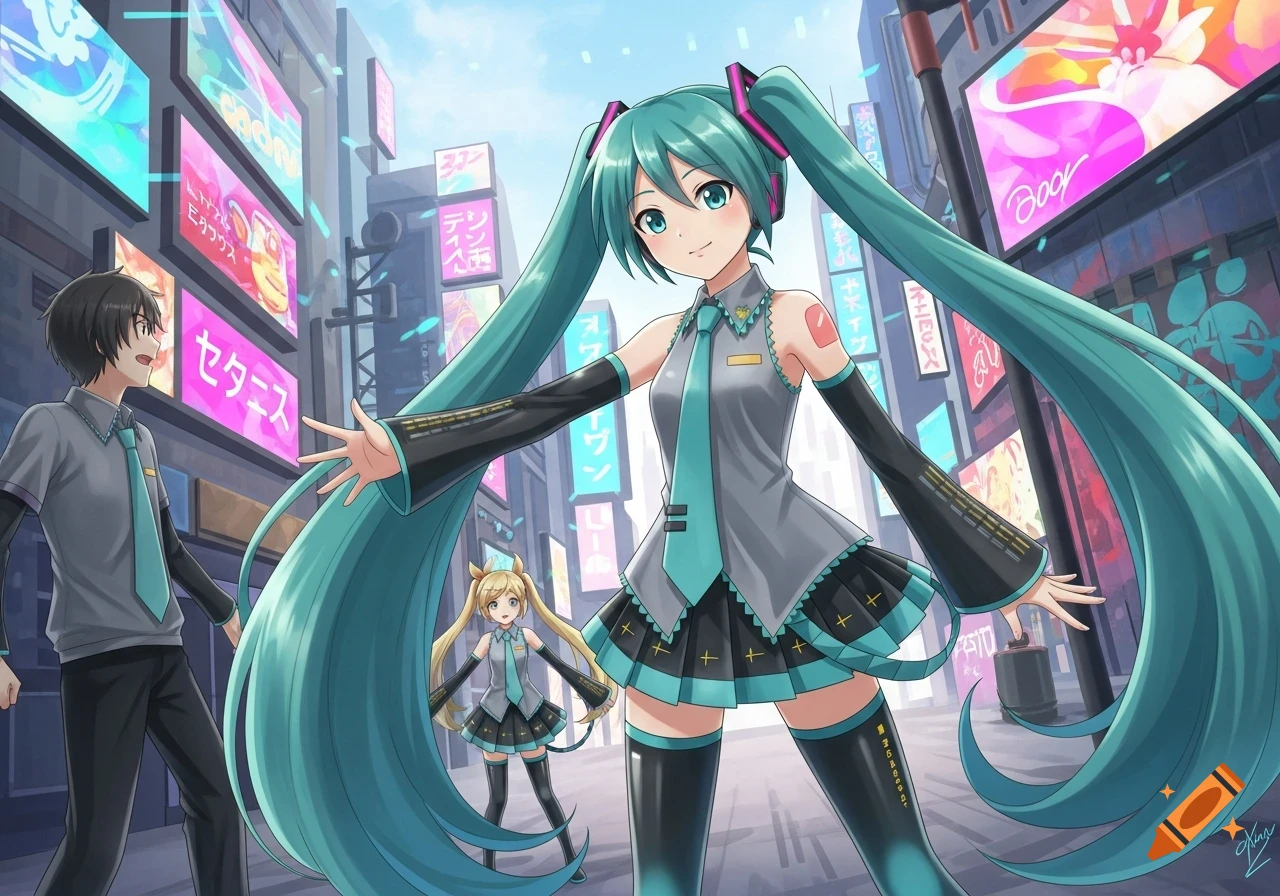 Hatsune Miku, a smaller version of her, and a boy stand on a neon-lit anime city street.
