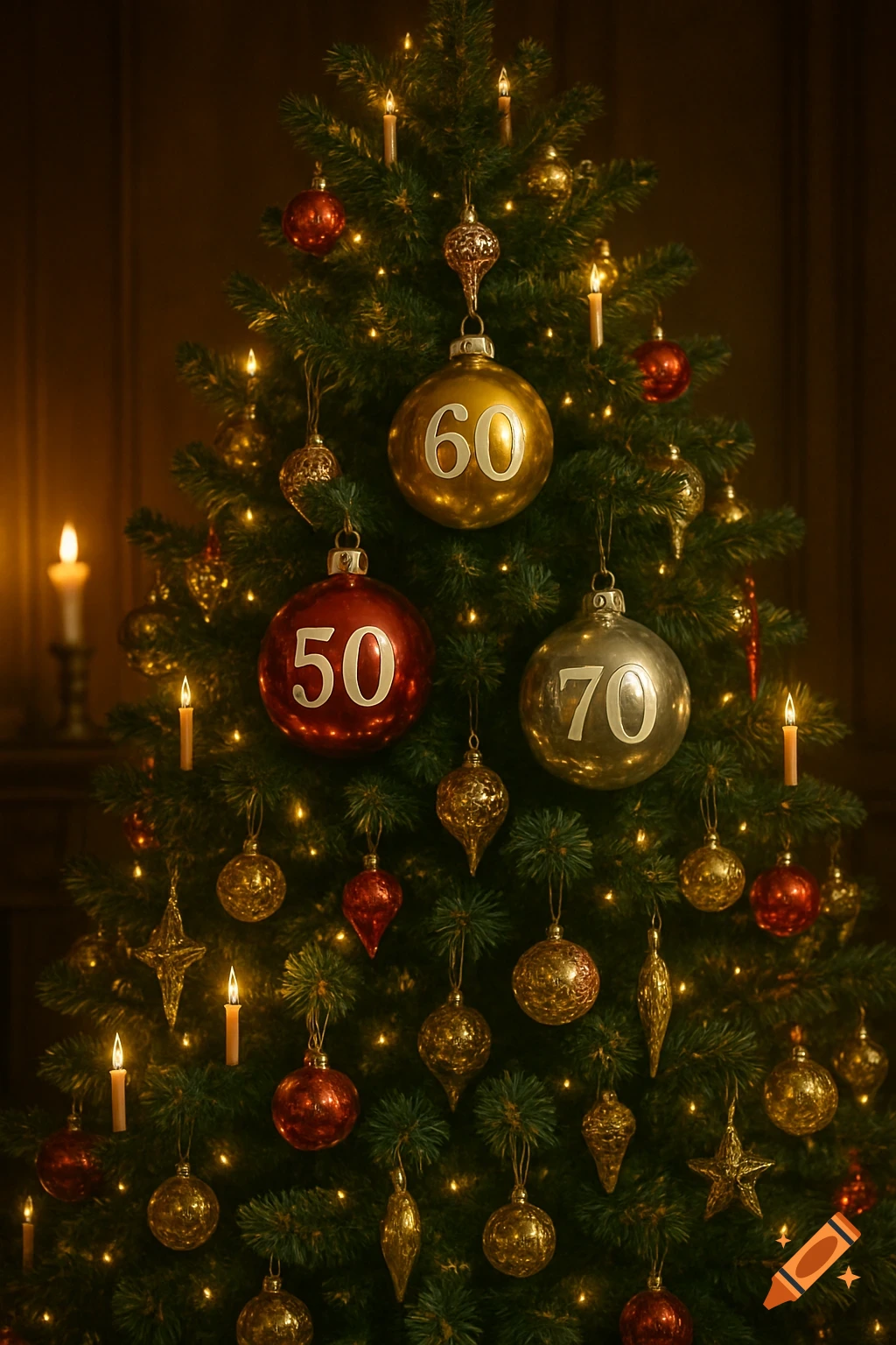 A decorated Christmas tree with red, gold, and silver ornaments, some marked 50, 60, and 70, lit by candles.
