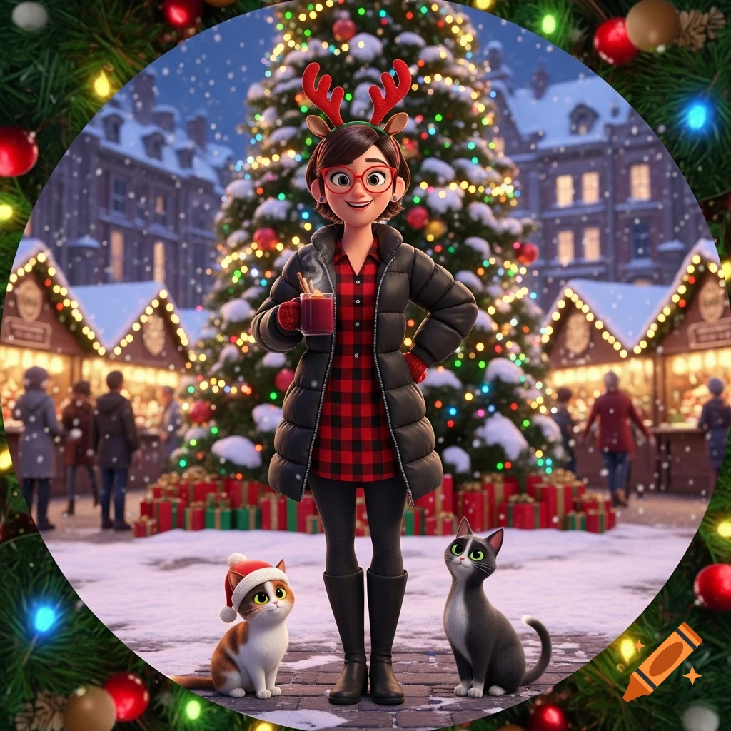 3D cartoon woman in a winter market with a Christmas tree, holding a mug, flanked by two cats in Santa hats.