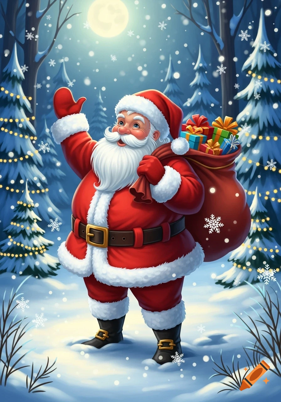Santa Claus in a snowy forest under a full moon, waving and carrying a sack of colorful gifts.