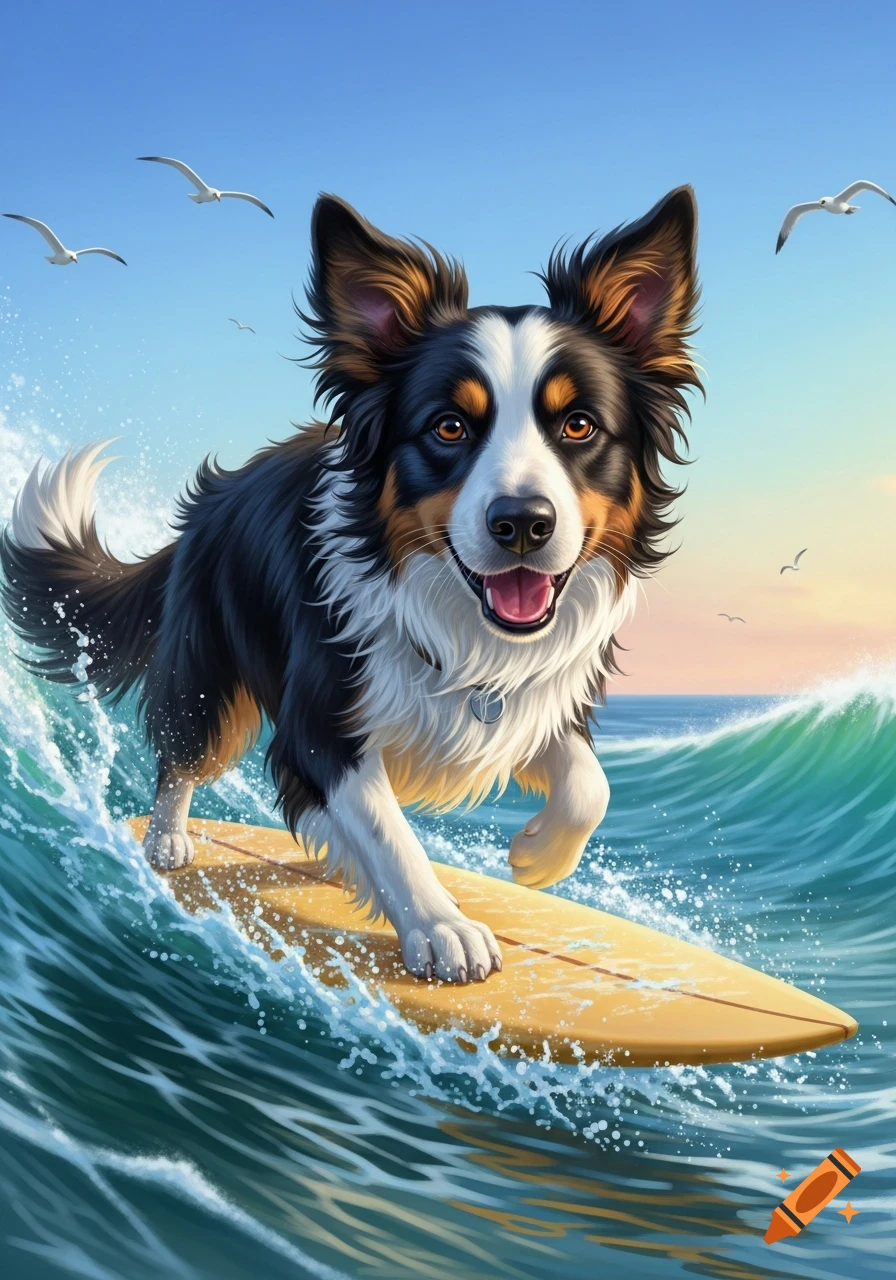 A happy Border Collie dog with brown eyes surfs a wave on a yellow surfboard in a vibrant ocean.