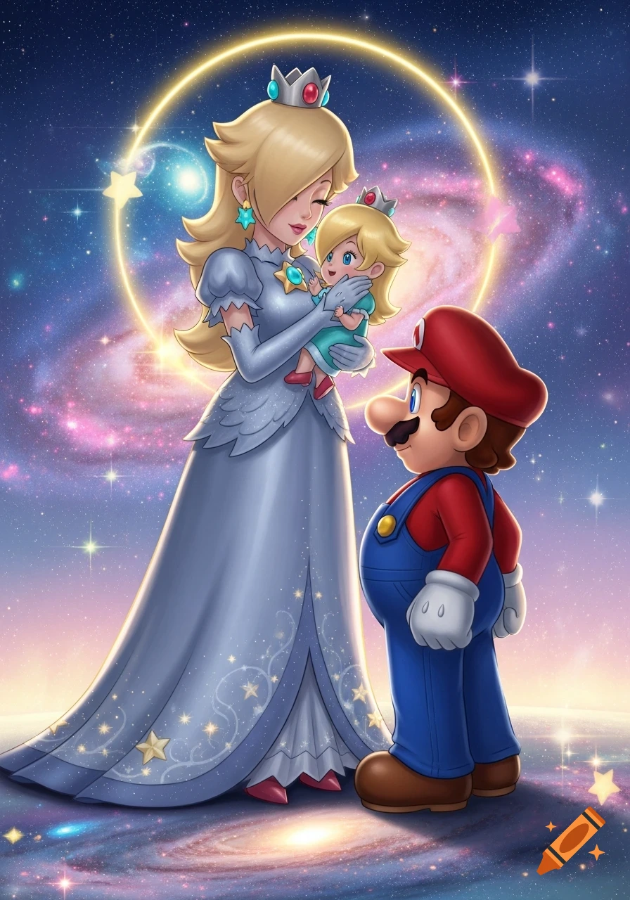 Princess Rosalina, wearing a light-blue gown and crown, tenderly holds baby Rosalina as Mario looks on. They stand in a vibrant galaxy with stars and nebulas.