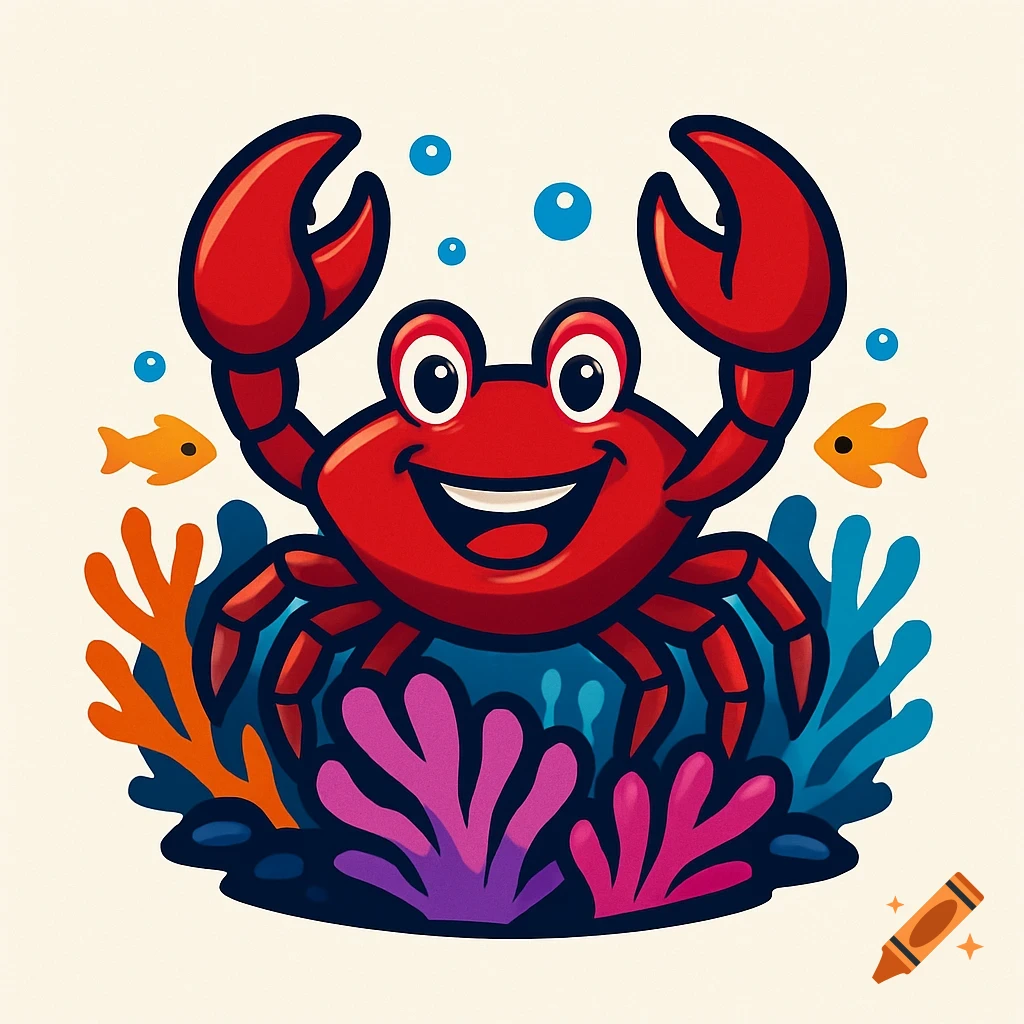 A happy red cartoon crab with big claws raised, surrounded by colorful coral and small fish, against a light background.