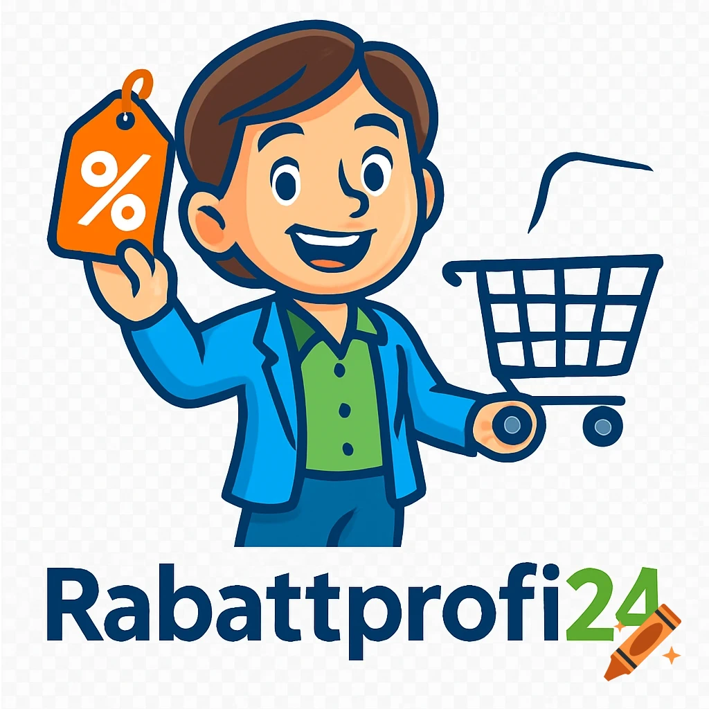 Friendly cartoon mascot holding an orange discount tag with a percentage sign and pushing a shopping cart, with "Rabattprofi24" text below.