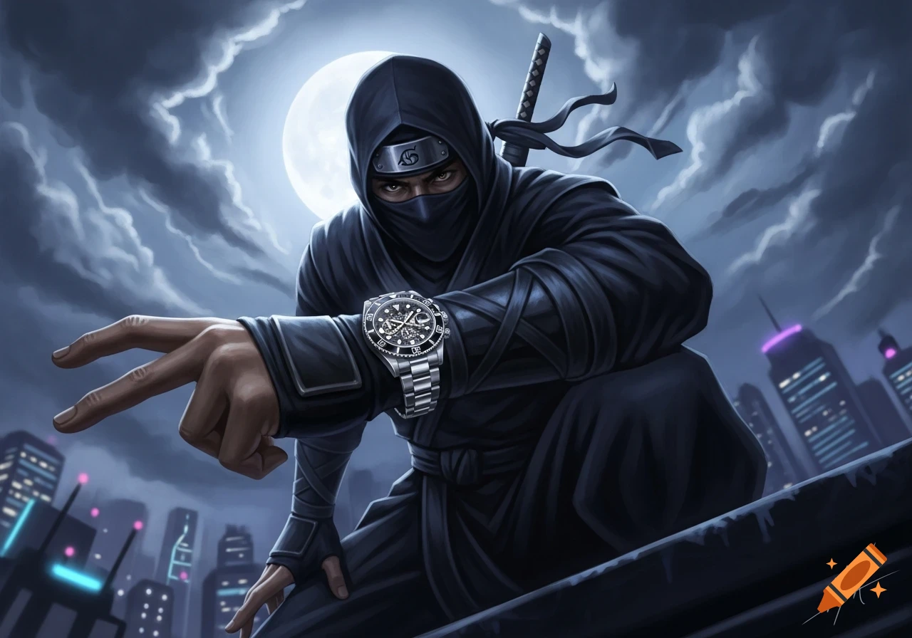 A ninja in a black suit with a katana on his back, wearing a metal watch, crouches on a rooftop at night under a full moon, pointing forward.