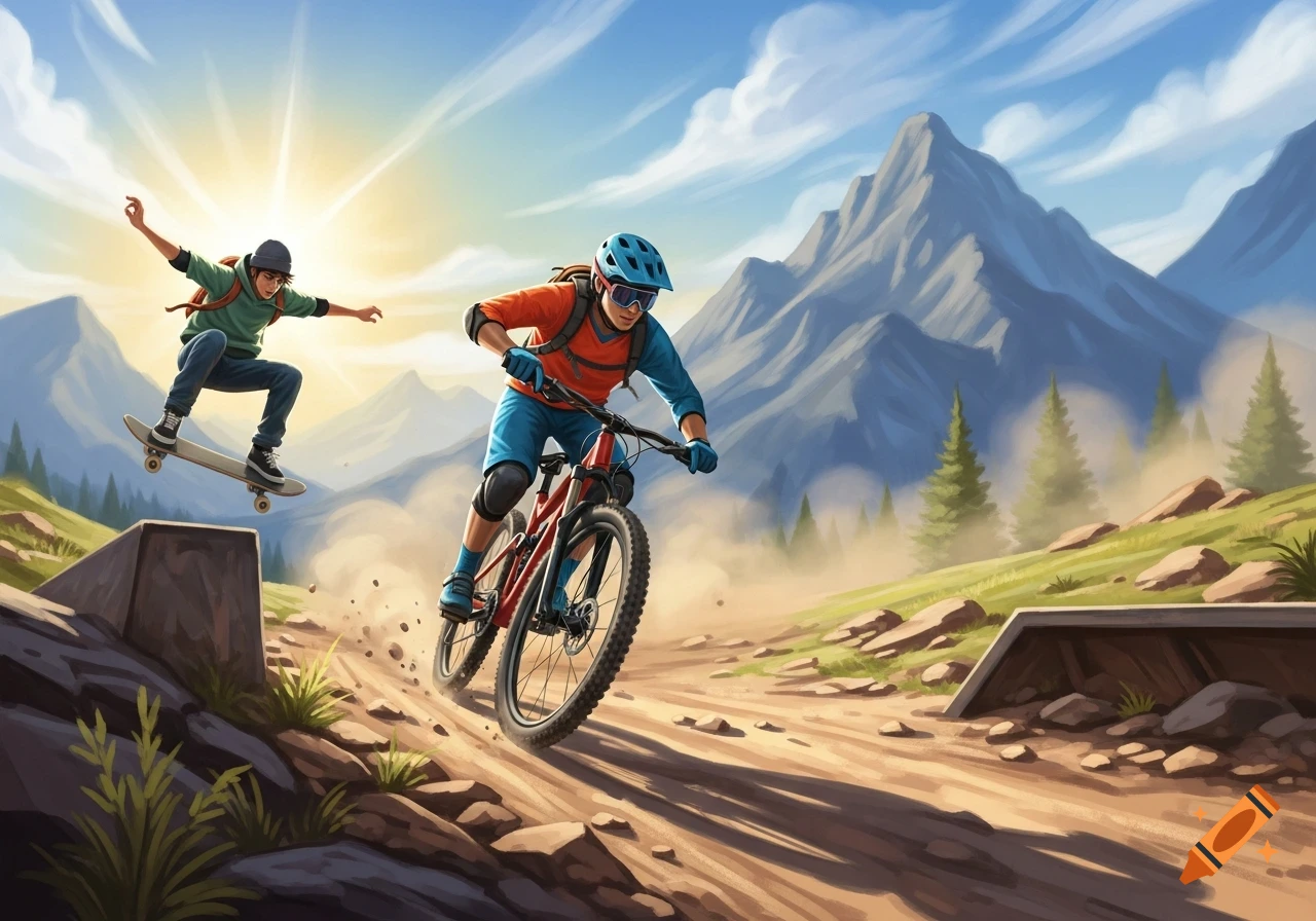 An illustrated scene of a mountain biker racing down a dirt trail as a skateboarder performs an aerial trick beside them with mountains in the background.